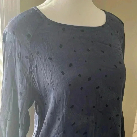 [Eu40/US M]Yaya Anthropologie 3/4 Flower Sleeve Silk Blue Blouse Flying Crane - Picture 2 of 9